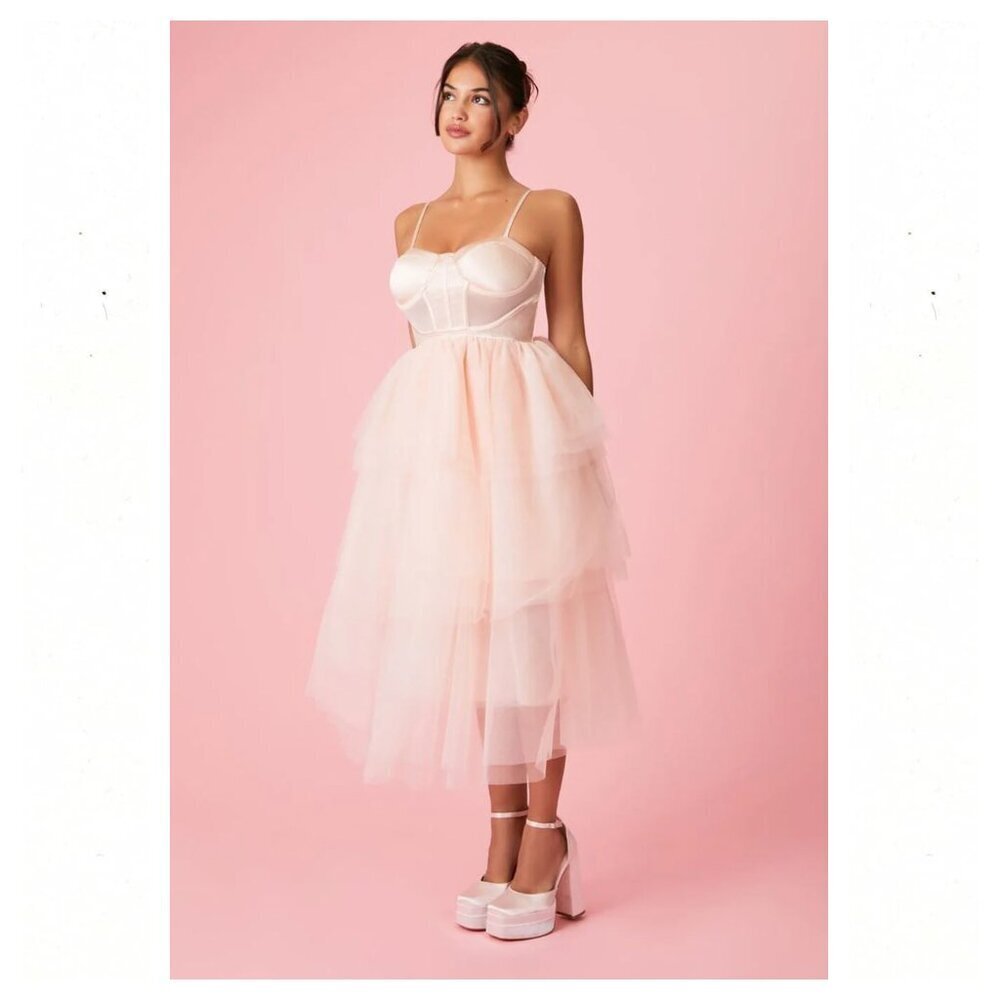 Ballet Pink Satin Corset Bustier Coquette Tiered Tulle Midi Dress - Picture 1 of 8